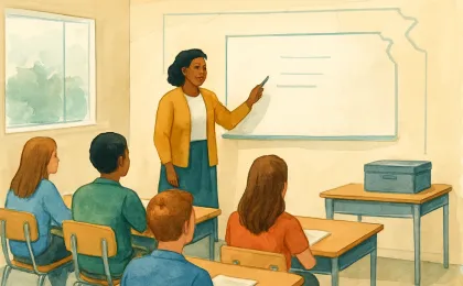 Illustration of a classroom with a teacher, students, and secure device storage for personal phones, representing curriculum and cellphone policy debates.