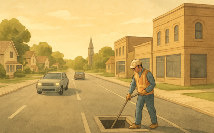 Artist’s illustration of a Topeka street with one-lane traffic control and a utility crew addressing a waterline break.