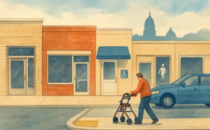 An illustration showing storefronts, curb accessibility, and an ADA-related legal backdrop