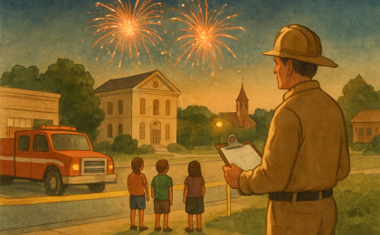 Children kept behind a safety perimeter while fireworks are visible in the background and a fire inspector monitors from nearby.