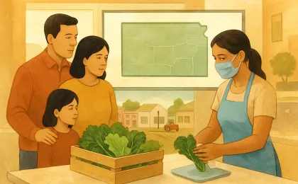 An original illustration showing Kansas map context, leafy greens, and careful food-prep actions during a health event.