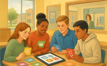Students exploring career pathways with an uplifting, forward-looking tone near a state-style office setting.
