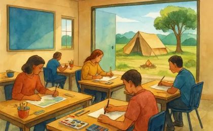 Students working on an art project during a STEM camp, with creative supplies on desks and an outdoor training area nearby.