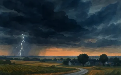 Storm clouds and light rain moving across a rural Kansas landscape at dusk