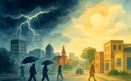Rain and thunder clouds approach a city street as weekend conditions shift toward warmer weather.