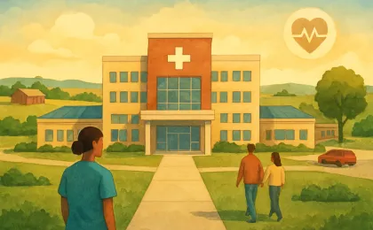 A modern hospital campus with connected clinic buildings, symbolizing unified care under one identity