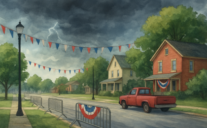 Empty parade route under dark storm clouds after an Independence Day event cancellation.