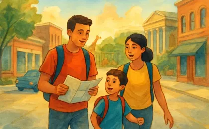 A family heading out on a summer day with destination-like landmarks in the background, symbolizing free attraction access across Kansas.