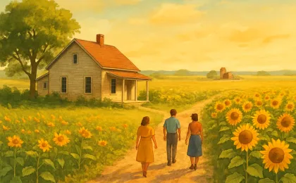 A warm-summer illustration of visitors strolling through tall sunflower rows near a home north of Topeka