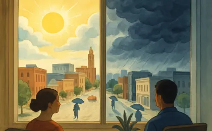 Illustration of sunny weather turning to incoming storm clouds over a city, with people preparing indoors and heat discomfort shown visually.
