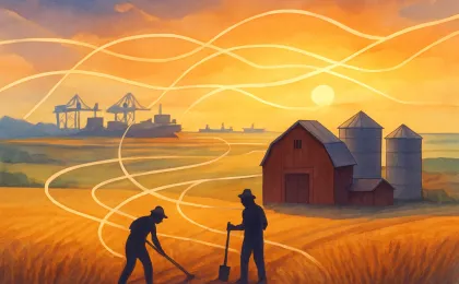 Silhouetted farmers near grain bins with abstract trade-route lines leading toward a distant port and ships on the horizon.