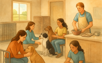 Teens volunteering with shelter dogs in a bright community animal center, with a calm, supportive mood.