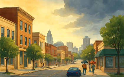A Kansas City street scene transitioning from hot sunshine to cooler, stormy clouds.