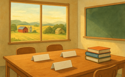 An editorial illustration showing a classroom with rural landscapes in the background, representing candidates debating school policy and funding.