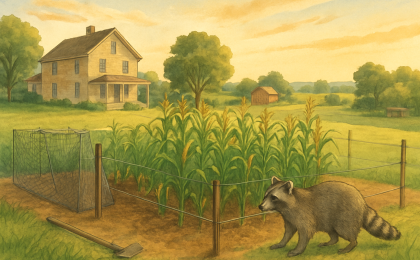 A sweet corn garden protected by low electric fencing with a raccoon prevented from reaching the crop