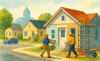 An illustration showing neighborhood home renovations and new construction elements with a civic building silhouette in the background, suggesting local affordable housing efforts.