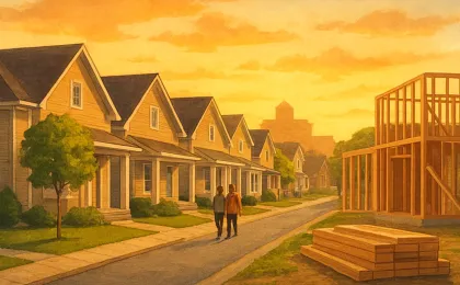 Illustration of a Topeka-style neighborhood with new homes and a civic building backdrop, conveying a city housing approval decision