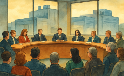 Illustration of a city council chamber where residents and officials discuss the potential effects of nearby data-center development.