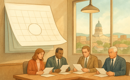 A calm city hall council chamber scene with leaders reviewing documents and a calendar page approaching an upcoming date, symbolizing a temporary moratorium decision.