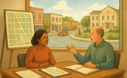 Illustration of a city planning meeting with housing inspection materials and a quiet neighborhood backdrop