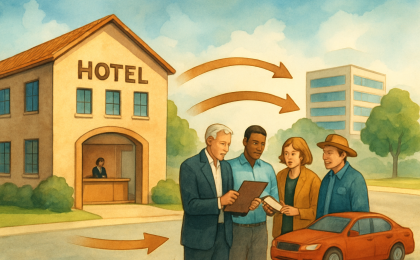 Editorial illustration of a hotel lobby and exterior with community leaders reviewing documents and an arrow flow toward a future takeover date