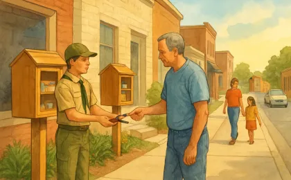 A volunteer and scout place blessing boxes along a Topeka neighborhood sidewalk to support neighbors facing hunger