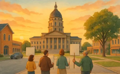 Community members protest near a capitol building while officials meet for a planning summit indoors.