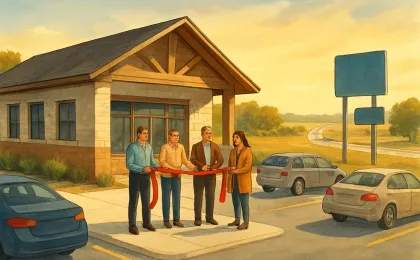 An illustration of a highway-side travel stop reopening with a ribbon-cutting ceremony in warm morning light.