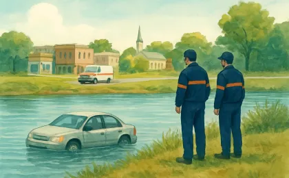 An editorial illustration of emergency responders near the Kansas River after a vehicle entered the water.