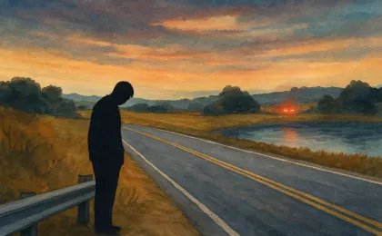 Illustration of a rural stretch of highway near a lake at dusk, with a grieving silhouette near the roadside and distant emergency light glow, without any readable text.