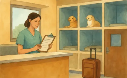 A cozy pet boarding interior with resting areas and a checklist beside travel luggage