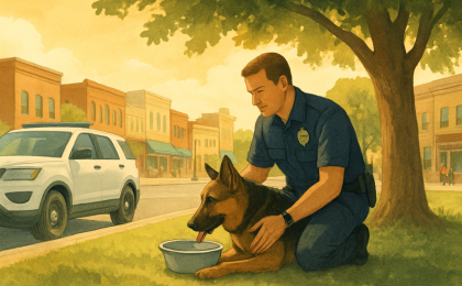 An officer offers water to a working K-9 in shade beside a patrol vehicle on a hot day.