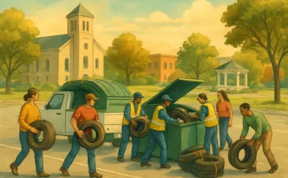 Residents and city workers load and transport collected tires at a tidy neighborhood drop-off area.
