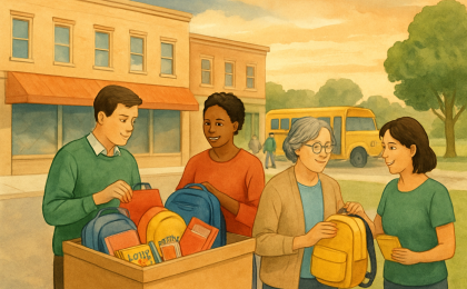 Volunteers sort school supply donations next to a donation bin and a school bus silhouette in a community setting.