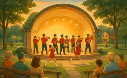 An illustrated outdoor park amphitheater with a community band performing during a summer evening concert