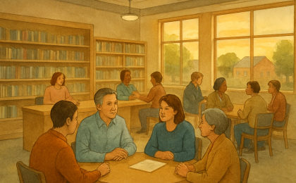 People meeting candidates in a welcoming public library setting, suggesting civic engagement before a primary election.