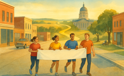 Walkers pause in a Topeka-style downtown setting near a capitol dome while a relay route stretches across the map.