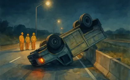 Nighttime scene of an overturned flatbed truck on an interstate shoulder near guardrails and barriers.