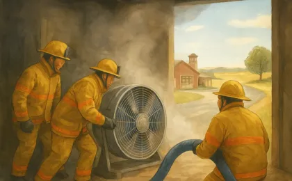 Volunteer firefighters using a ventilation fan to improve visibility inside a smoky structure in a rural Kansas setting.