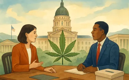 Illustration of two lawmakers in a legislative chamber with a ballot box and subtle marijuana plant imagery, indicating a Kansas primary policy debate.