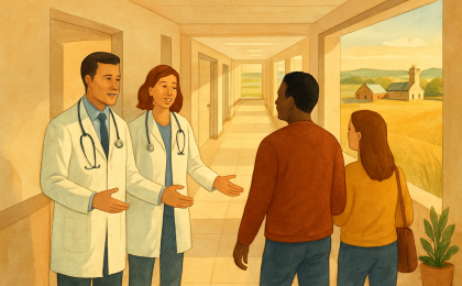 Two clinicians welcoming patients in a rural hospital hallway with a Kansas prairie backdrop