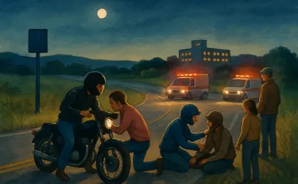 Nighttime illustration of a K-57 curve crash scene with helmeted riders being assisted and two motorcycles off to the side