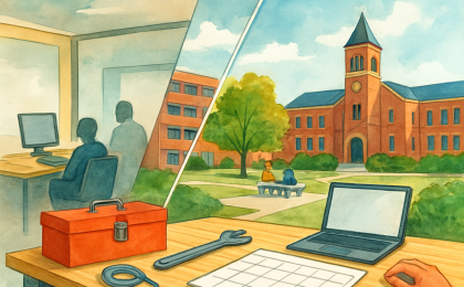 Illustration depicting remote-versus-in-person work tension tied to a campus maker space and an office setting.