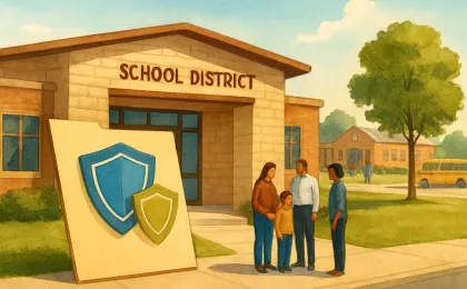 A school district office and open records folder imagery representing privacy compliance and parent access.