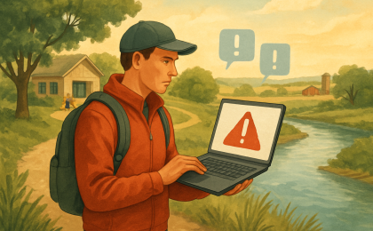A person planning an outdoor trip while avoiding suspicious websites on a laptop near a scenic trail