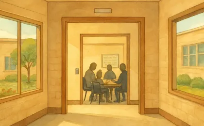 An editorial illustration showing a school board meeting space and community-focused planning for Garden City schools.
