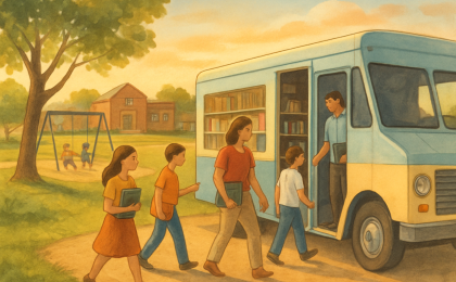 A community bookmobile delivering books at a Garden City park with families heading inside.