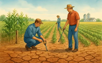 Illustration of Kansas farmland with corn and soybeans, dry soil showing moisture stress, and workers checking field conditions near a rural homestead.