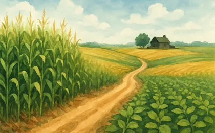 Illustration of Kansas farm fields showing corn and soy plants under late-summer skies, with dry soil patches and productive growth suggesting crop development.