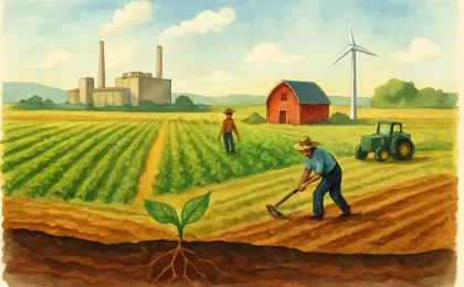 Farmers work regenerative crop rows in Kansas with a distant biofuel facility and wind turbine in the background.